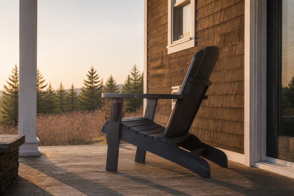 Comfortable adirondack chair in profile showing its reclined seat angle and wide arms on a porch