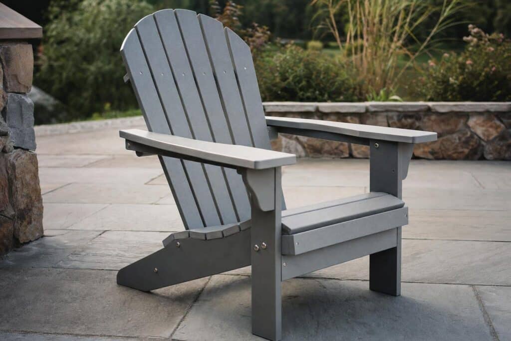 Sturdy outdoor polymer chair on a stone patio.