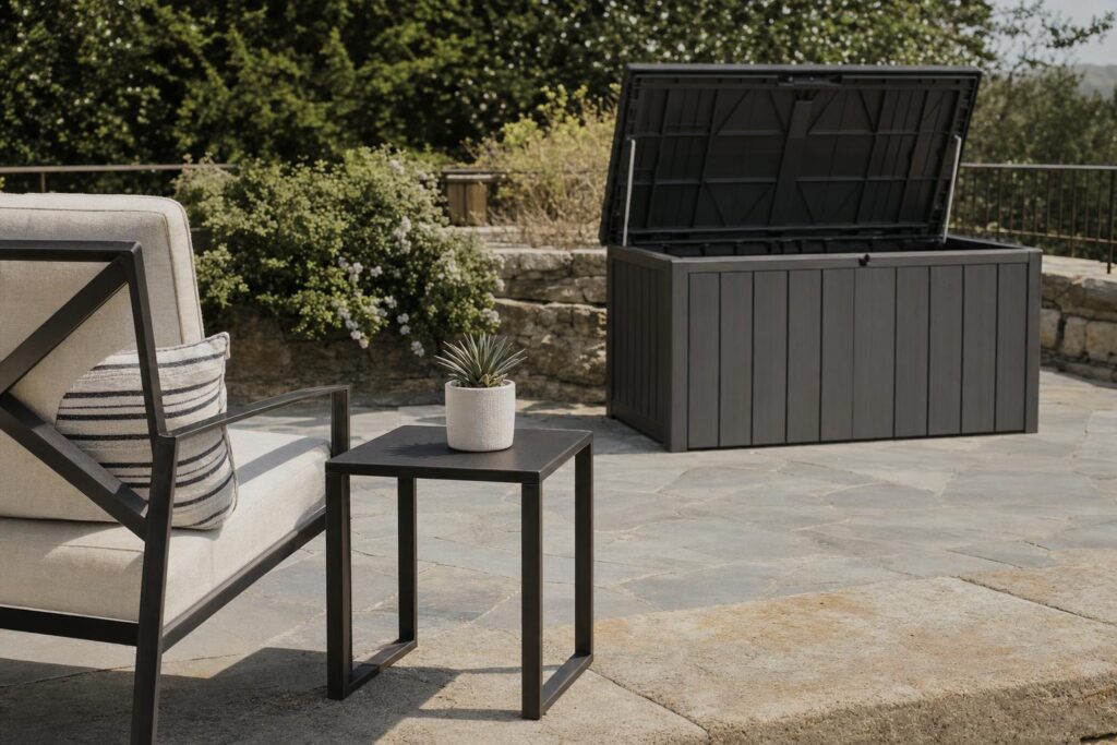 Generic open and storage-style outdoor side tables beside patio seating