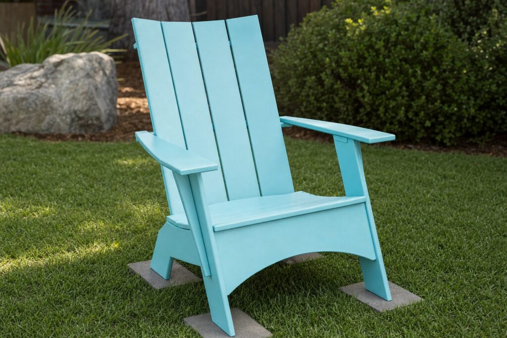 Seafoam Hampton Adirondack Chair placed level on grass with broad foot pads