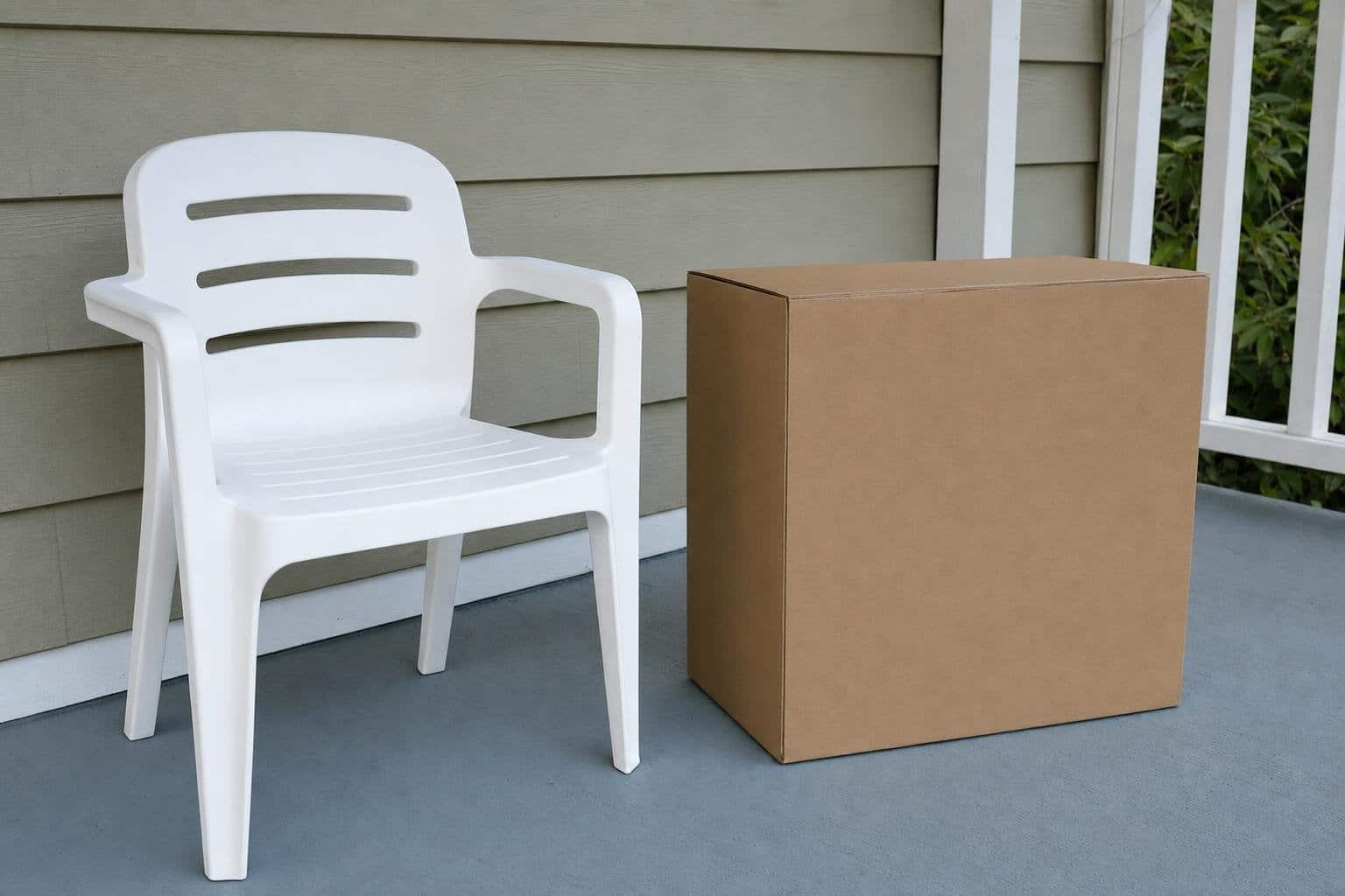 Plain carton beside a compact outdoor dining chair on a covered porch.