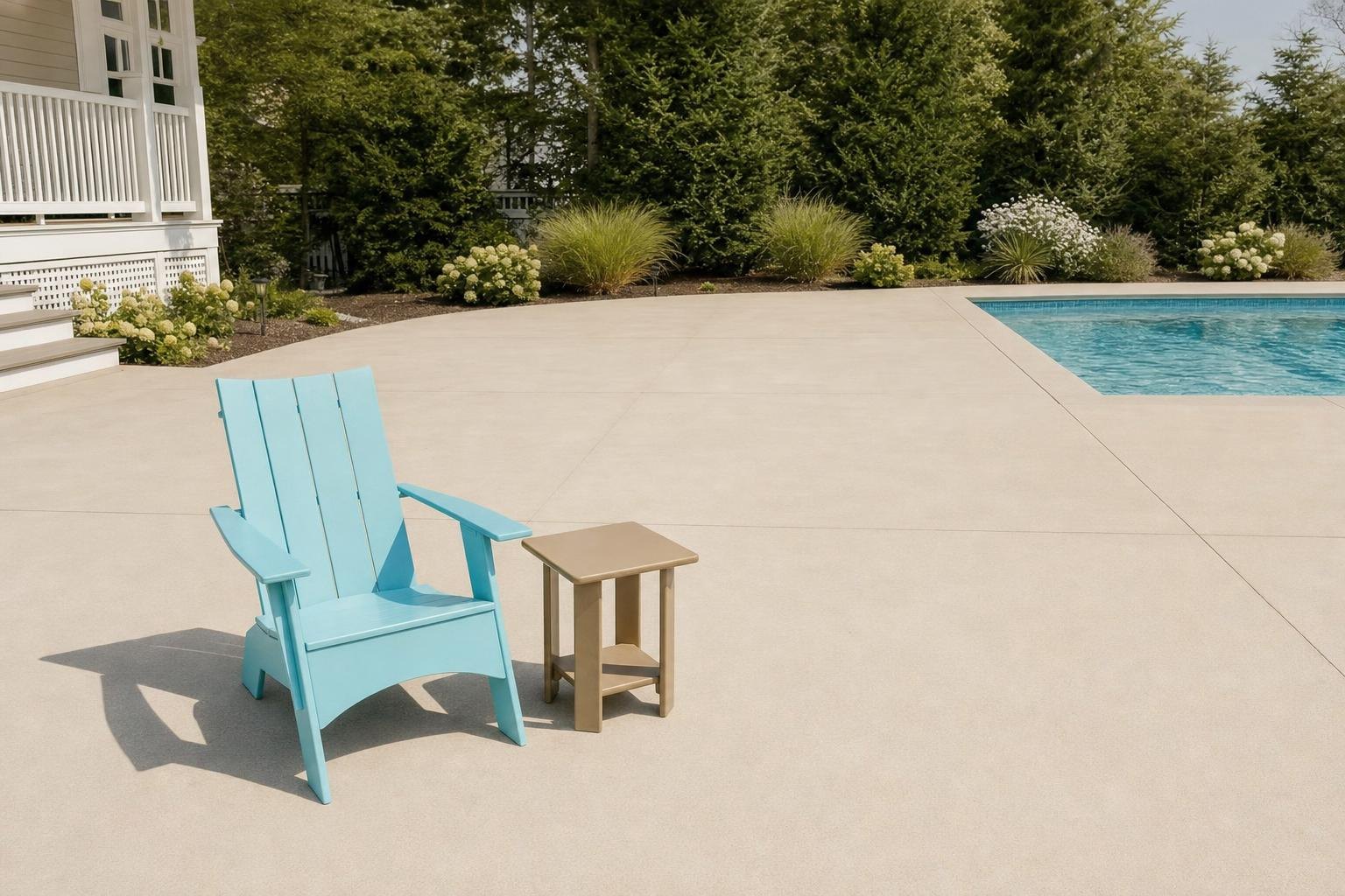 A seafoam Adirondack chair with a tan square end table on a wide pool deck