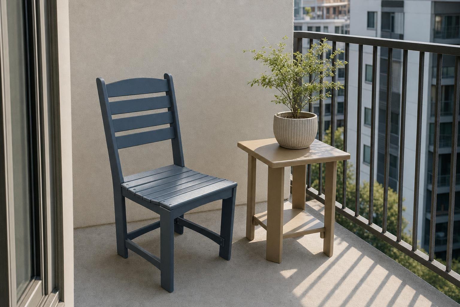 An armless cafe chair and square end table on a small apartment balcony