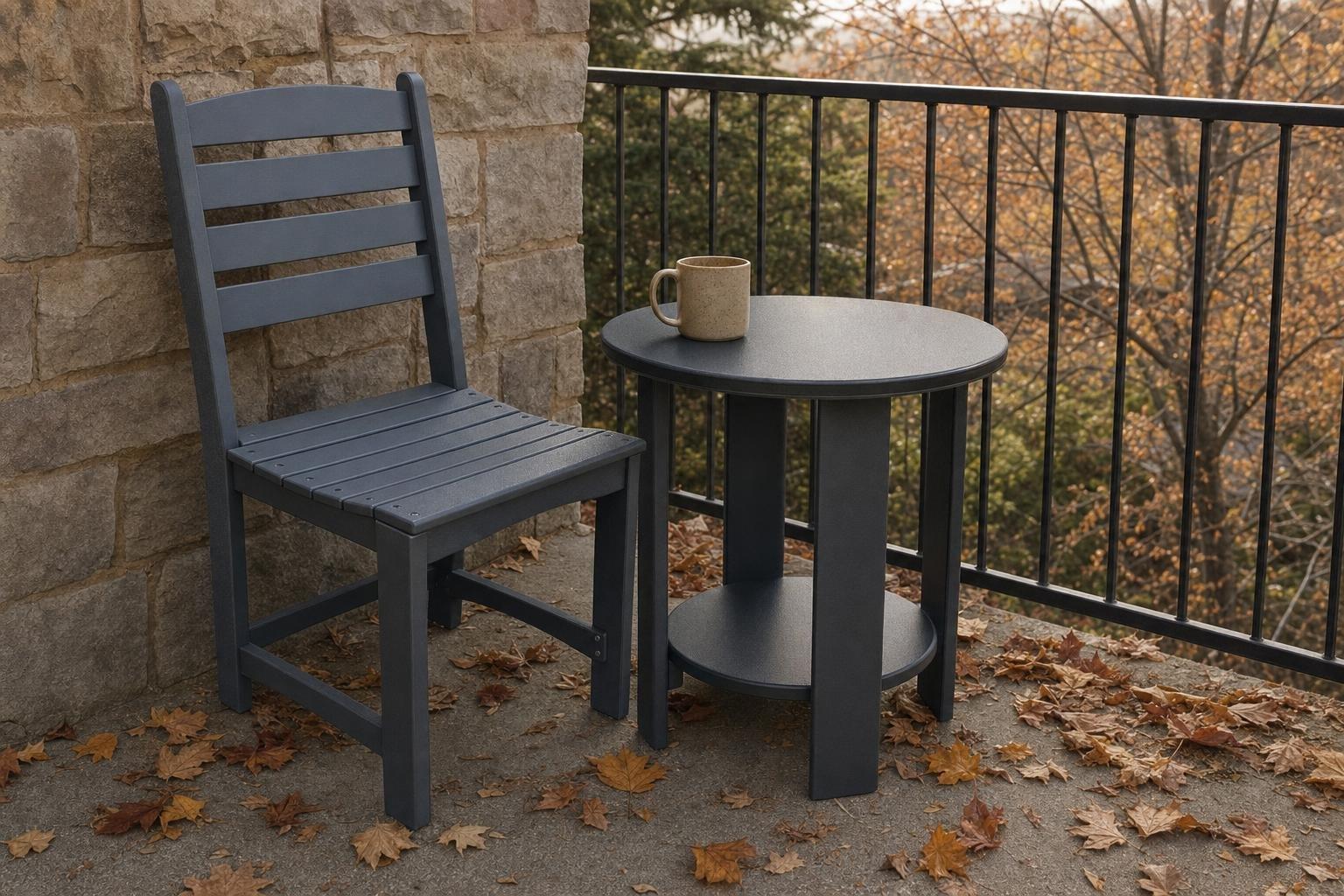 A dark armless cafe chair beside a round end table with a mug on a leaf-strewn patio