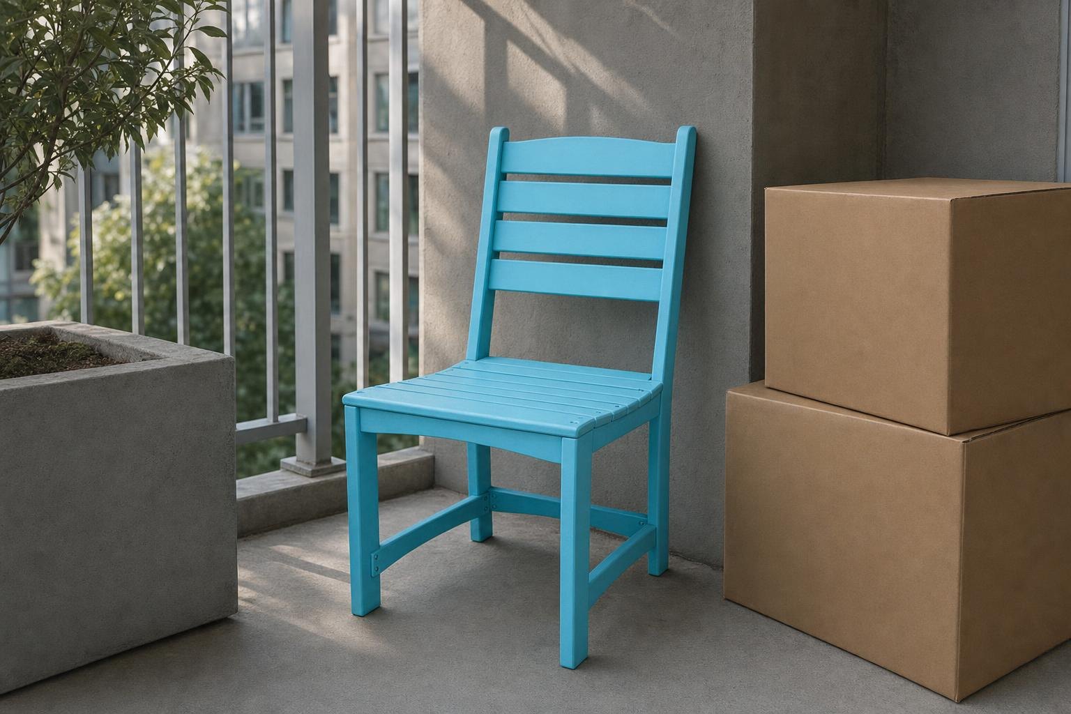 A seafoam armless cafe chair on a balcony beside two cardboard moving boxes