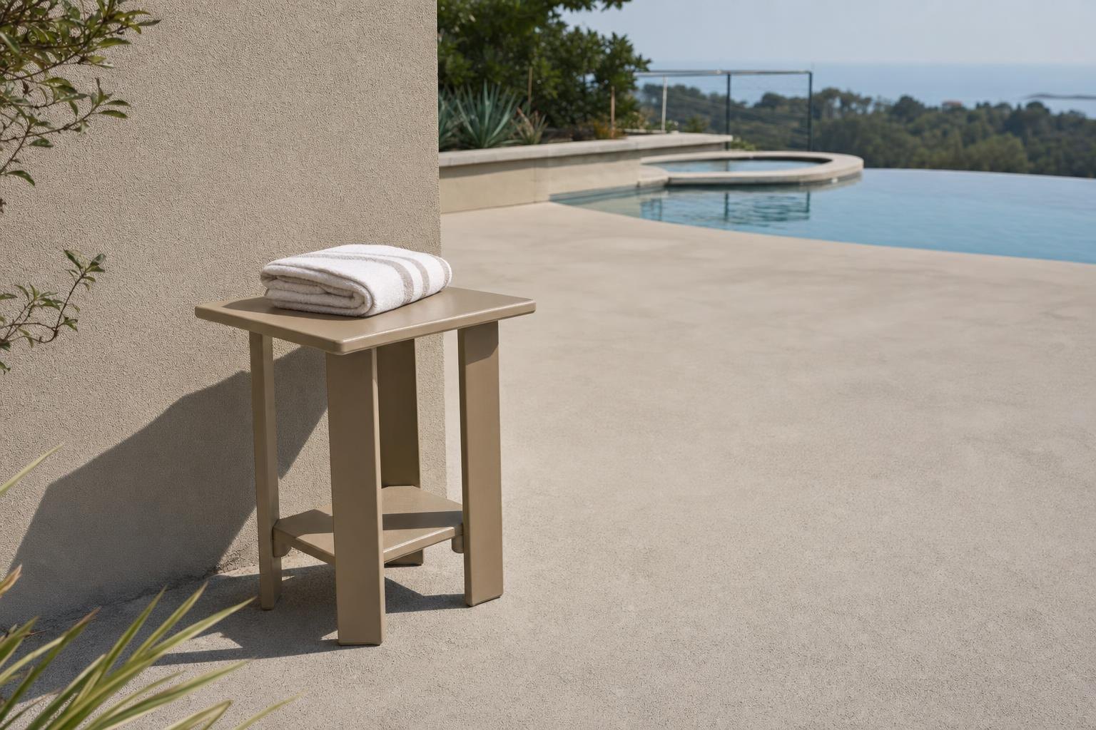 A tan square end table holding a folded towel beside a stucco wall on a pool deck