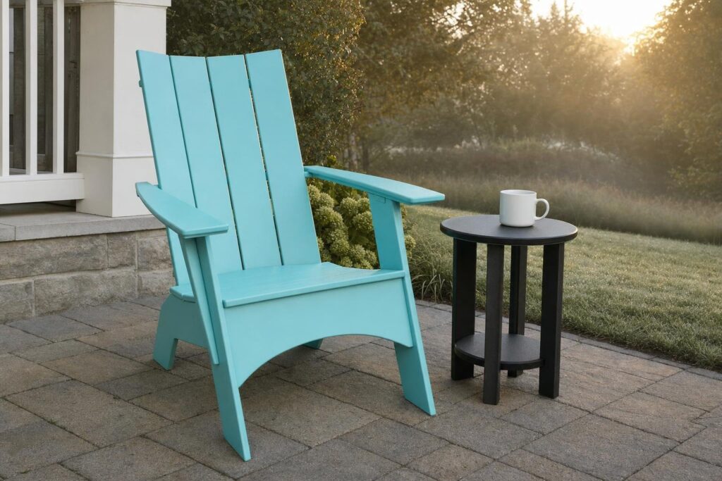 A seafoam Adirondack chair beside a round end table with a coffee mug in early morning light