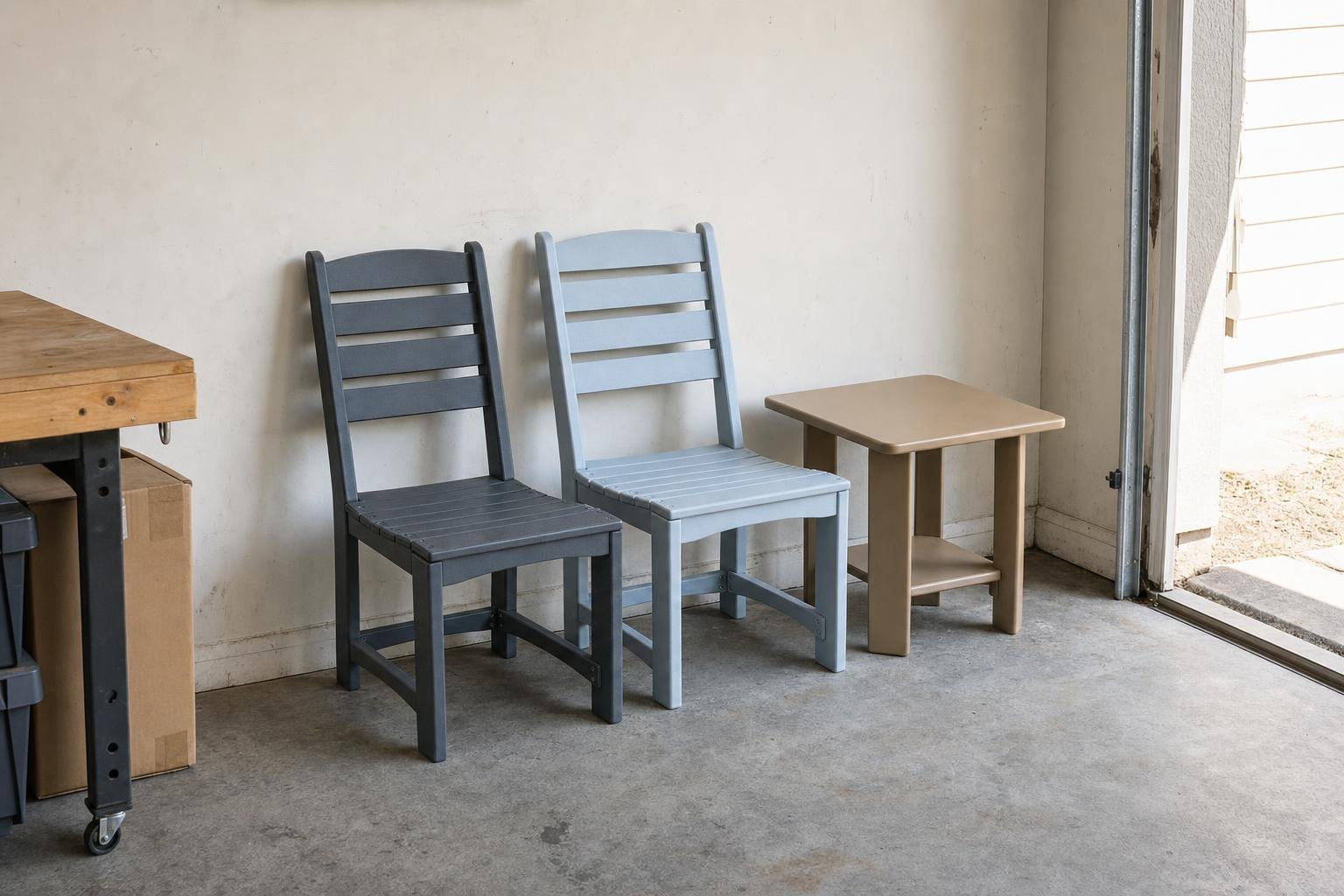 Two armless cafe chairs and a square end table stored in a garage corner