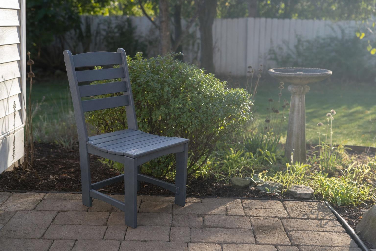 An armless cafe chair at the edge of a garden bed near a bird bath