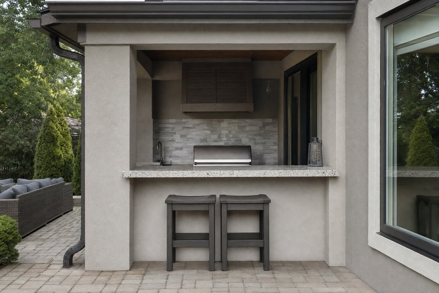 Stationary outdoor stools tucked beneath a compact patio bar.