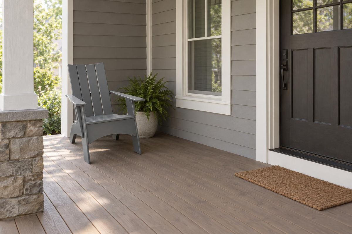 An Adirondack chair in the corner of a deep covered front porch, with open floor between the chair and the front door